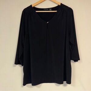 TAHARI Black Blouse Women 1X Long Sleeve V Neck Top Plus Relaxed Loose Flowy Fit